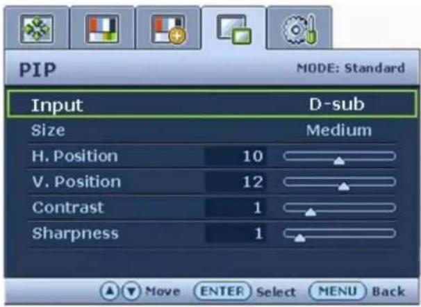 PIP MODE: Standard Input D-sub Size Medium H. Position 10 V. Position 12 Contrast 1 Sharpness 1 Move ENTER Select MENU Back