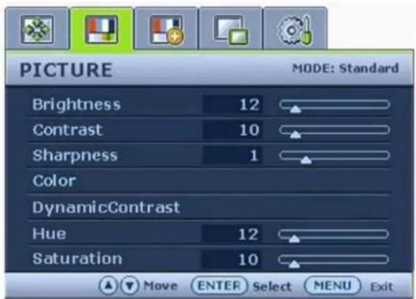 PICTURE MODE: Standard Brightness 12 Contrast 10 Sharpness 1 Color DynamicContrast Hue 12 Saturation 10 Move ENTER Select MENU Exit