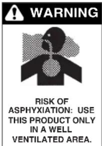 WARNING RISK OF ASPHYXIATION: USE THIS PRODUCT ONLY IN A WELL VENTILATED AREA.