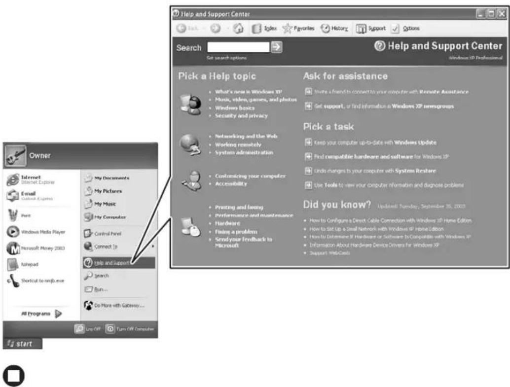 Help and Support Center Search Get search options Help and Support Center Windows XP Professional Pick a Help topic • What's new in Windows XP • Music, video, games, and plazas • Windows bases • Security and privacy • Networking and the Web • Working remotely • System administration • Customizing your computer • Accessibility • Printing and fanning • Performance and maintenance • Hardware • Fixing a problem • Send your feedback to Microsoft Ask for assistance • Invine a friend to connect to your computer with Remote Assistance • Get support, or find information a Windows XP newsgroups Pick a task • Keep your computer up-to-date with Windows Update • Find compatible hardware and software for Windows XP • Undo margins to your computer with System Restore • Use Tools to view your computer information and diagnose problems Did you know? • Updated: Tuesday, September 30, 2003 • How to Configure a Direct Cable Connection with Windows XP Home Edition • How to set Up a Small Network with Windows XP Home Edition • How to Generate IP Hardware or Software to Compatables with Windows XP • Information About Hardware Device Drivers for Windows XP • Support Web/Cats Owner Internet Internet Explorer Email Outlook Express Port Windows Media Player Microsoft Money 2003 Notepad Shortcut to npi@user All Programs Help and support Search Burn... Go More with Gateway... Start