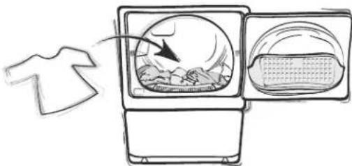 Hand-drawn sketch showing a T-shirt being processed into a washing machine with food inside, illustrating the process.