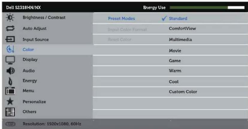Dell S2318HN/NX Energy Use Brightness / Contrast Preset Modes ✓ Standard Auto Adjust Input Color Format ComfortView Input Source Reset Color Multimedia Color Movie Display Game Audio Warm Energy Cool Menu Custom Color Personalize Others Resolution: 1920x1080, 60Hz