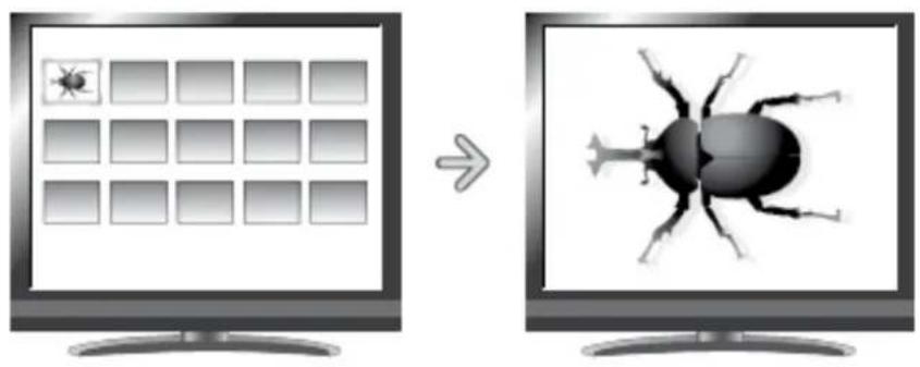 Diagram showing a computer monitor displaying a grid of small icons next to an image of a beetle, illustrating the process of pixelation or visualization.