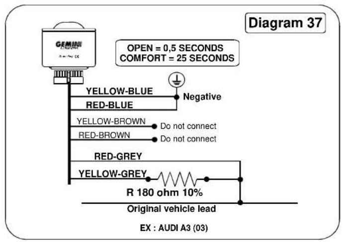 GEMINI OPEN = 0,5 SECONDS COMFORT = 25 SECONDS Yellow-BLUE RED-BLUE YELLOW-BROWN RED-BROWN Red-GREY YELLOW-GREY R 180 ohm 10% Original vehicle lead EX : AUDI A3 (03) Diagram 37 Negative Do not connect Do not connect R 180 ohm 10%