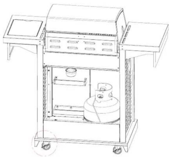 Technical line drawing of a mechanical device with wheels and internal components (no text or symbols)