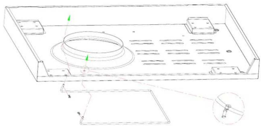 Technical line drawing of a mechanical enclosure with internal components and mounting holes (no text or symbols)