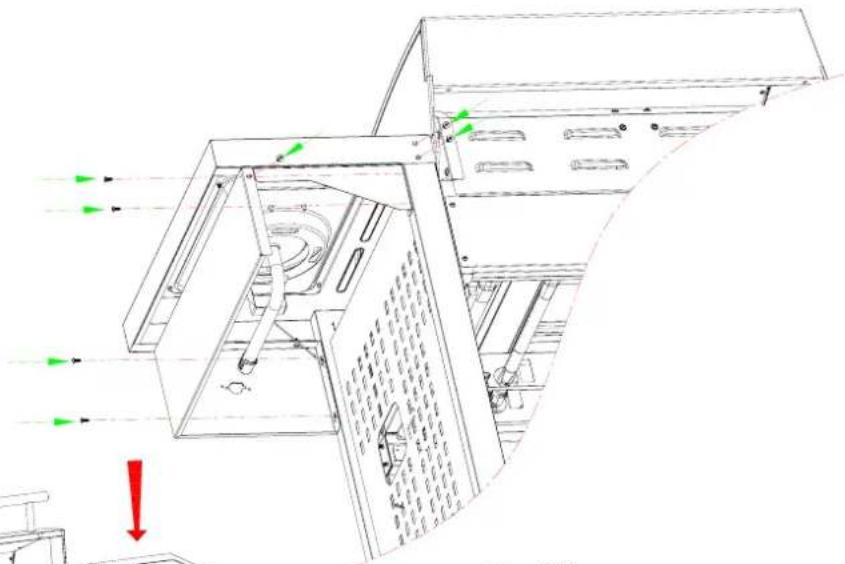 Technical line drawing of a mechanical device with internal components and directional arrows (no text or symbols)