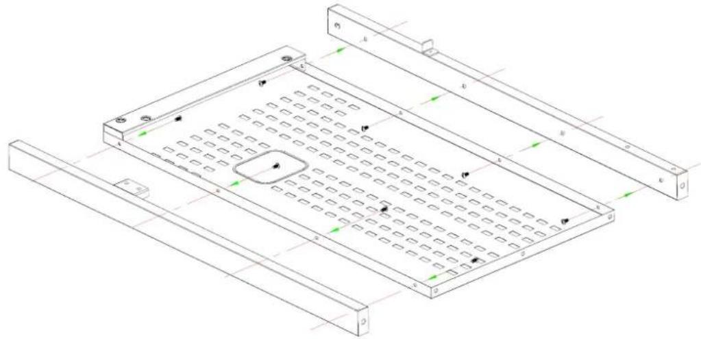 Technical diagram of a rectangular panel with labeled components and directional arrows indicating motion or force vectors.