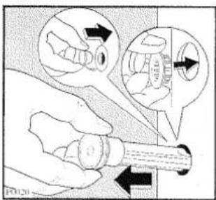 Diagram illustrating a hand holding a pen with magnified views of the pen tip and eye, showing mechanical components and directional arrows.