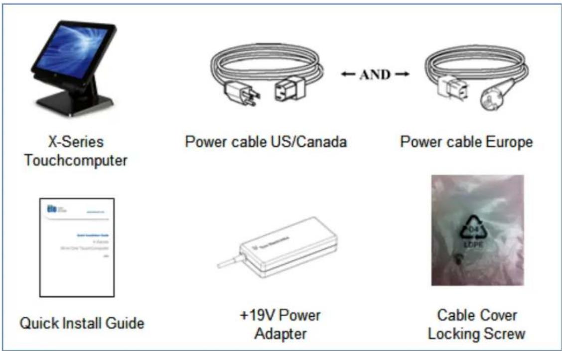 X-Series Touchcomputer Power cable US/Canada ← AND → Power cable Europe Quick Install Guide +19V Power Adapter Cable Cover Locking Screw