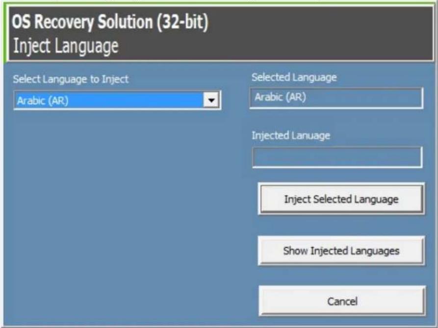 OS Recovery Solution (32-bit) Inject Language Select Language to Inject Arabic (AR) Selected Language Arabic (AR) Injected Language Inject Selected Language Show Injected Languages Cancel