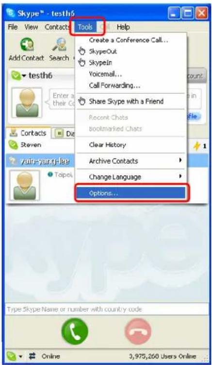 Skype™ - testh6 File View Contacts Tools Help Create a Conference Call... SkypeOut SkypeIn Voicemail... Call Forwarding... Share Skype with a Friend Recent Chats Bookmarked Chats Clear History Archive Contacts Change Language Options...