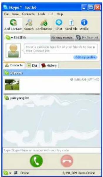 Skype® - tosth6 File View Contacts Tools Help Add Contact Search Conference Chat Send File Profile testh6 No new events My Account Enter a message here for all your friends to see in their Contact List Edit my profile Contacts Dial History yinyin-angles Type Shape Name or number with country code Online 3,491,069 Users Online