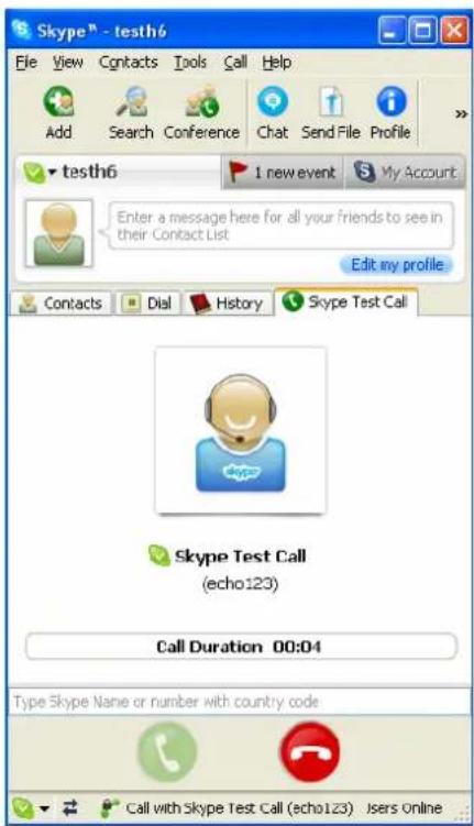 Skype® - testh6 File View Contacts Tools Call Help Add Search Conference Chat Send File Profile testh6 I new event My Account Enter a message here for all your friends to see in their Contact List Edit my profile. Contacts Dial History Skype Test Call Skype Test Call (echo123) Call Duration 00:04 Type Skype Name or number with country code Call with Skype Test Call (echo123) Users Online
