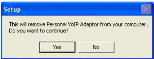 Setup This will remove Personal VoIP Adaptor from your computer. Do you want to continue? Yes No