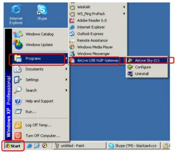 Internet Explorer Skype WinRAR WS_Ping ProPack Adobe Reader 6.0 Internet Explorer Outlook Express Remote Assistance Windows Media Player Windows Messenger Programs AirLive USB VoIP Gateway AirLive Sky-211 Documents Settings Search Help and Support Run... Log Off Temp... Turn Off Computer... Start Configure Uninstall Untitled - Paint Skype (TM) - blackjackxyz