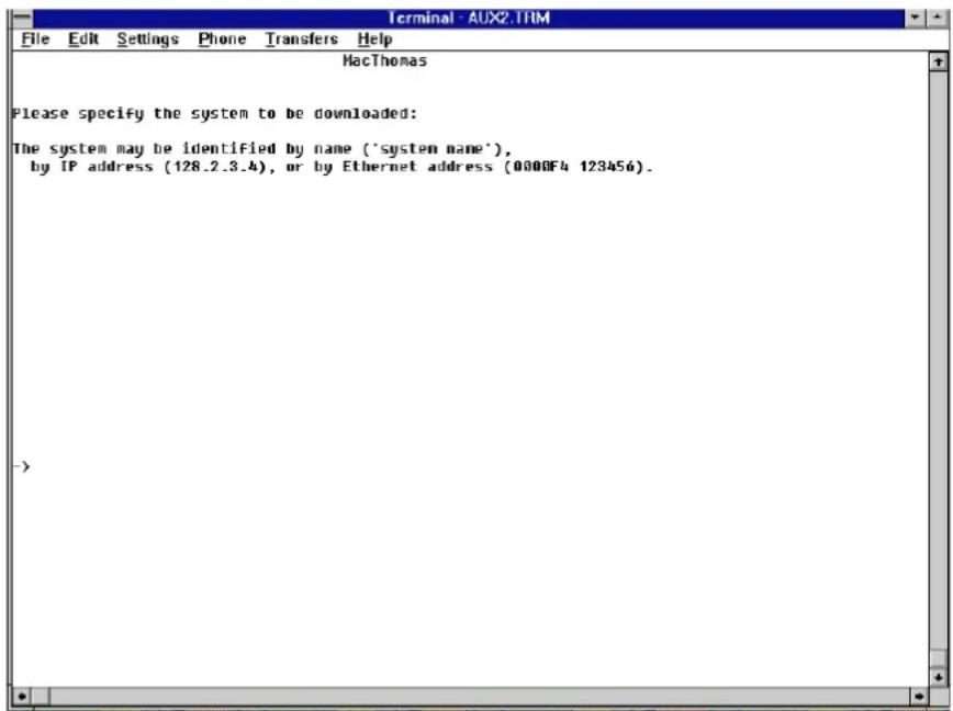 Terminal - AUX2.TRM File Edit Settings Phone Transfers Help MacThomas Please specify the system to be downloaded: The system may be identified by name ('system name'), by IP address (128.2.3.4), or by Ethernet address (0000F4 123456).