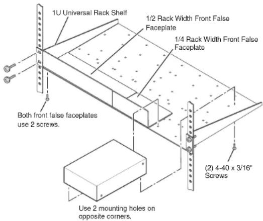 1U Universal Rack Shelf 1/2 Rack Width Front False Faceplate 1/4 Rack Width Front False Faceplate Both front false faceplates use 2 screws. (2) 4-40 x 3'16" Screws Use 2 mounting holes on opposite corners.