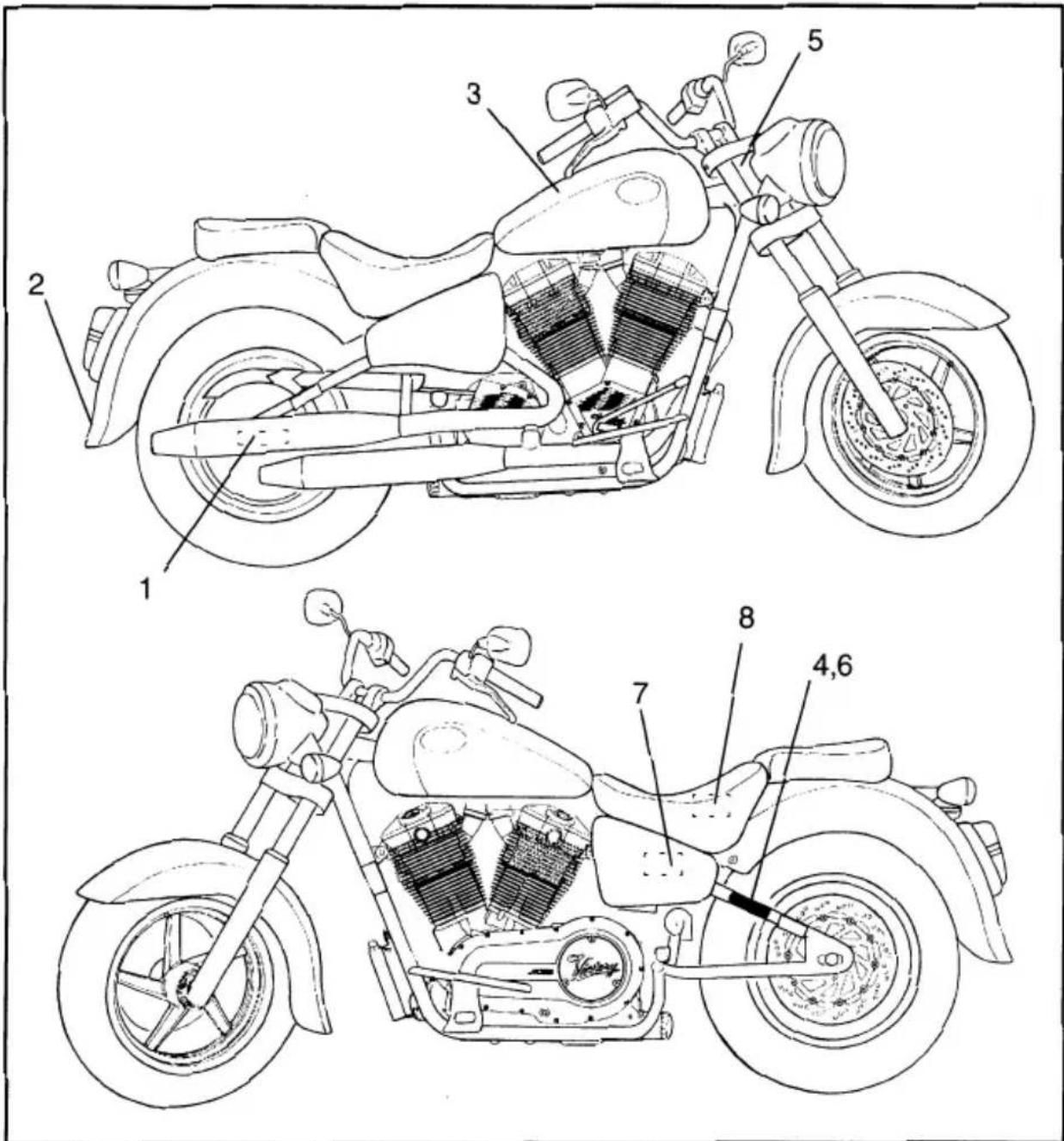 Technical diagram of a motorcycle with numbered parts for identification and assembly reference.