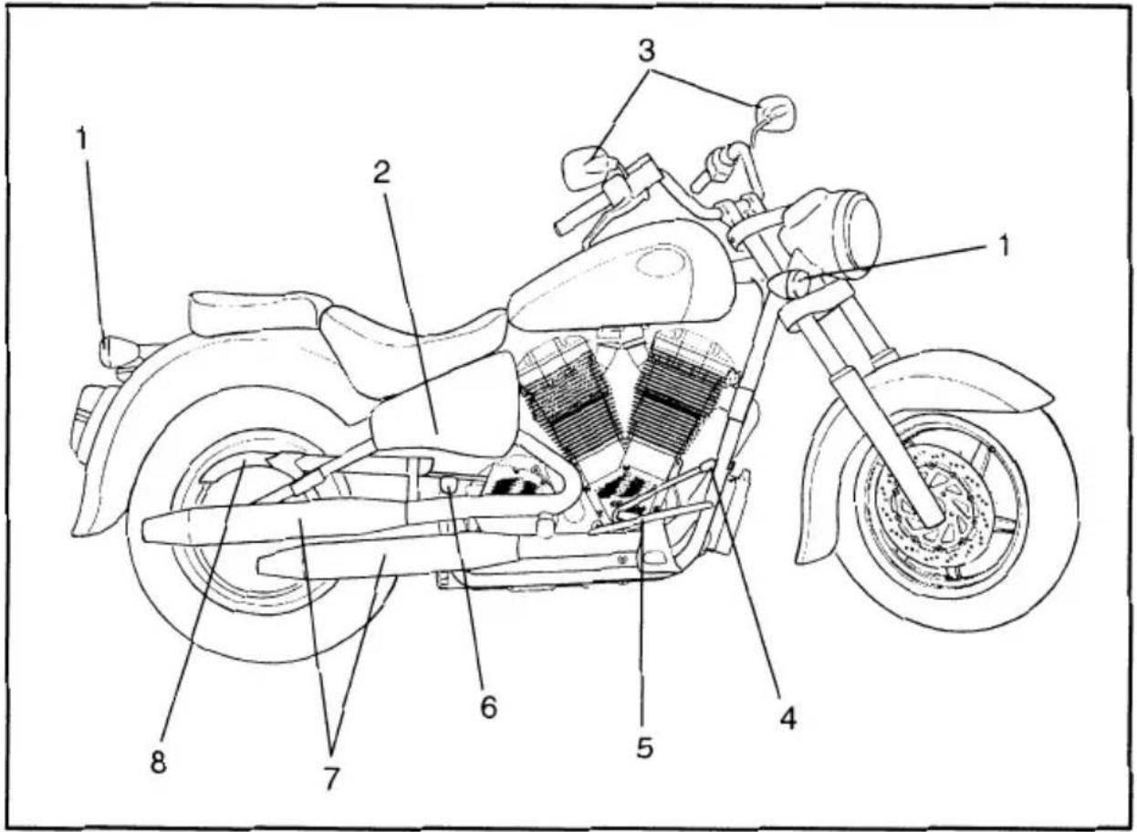 Technical diagram of a motorcycle with numbered parts for identification
