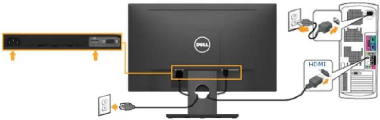 Diagram showing connection between a Dell monitor and a HDMI via cable, with labeled ports and cable connectors.