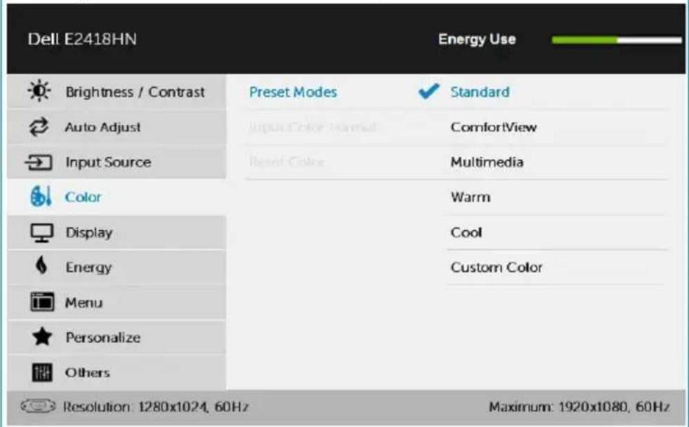 Dell E2418HN Energy Use Brightness / Contrast Preset Modes ✓ Standard Auto Adjust Input Color Normal ComfortView Input Source Reset Colors Multimedia Color Warm Display Cool Energy Custom Color Menu Personalize Others Resolution: 1280x1024, 60Hz Maximum: 1920x1080, 60Hz
