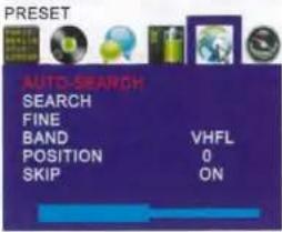 PRESET AUTO-SERCH SEARCH FINE BAND VHFL POSITION 0 SKIP ON