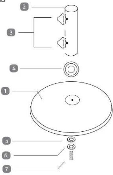 Diagram of a mechanical assembly with numbered parts, including a circular component and seven labeled parts.