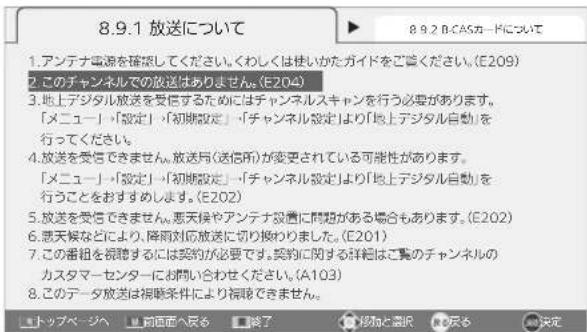 8.9.1 放送について 1.アンテナ電源を確認してください。くわしくは使いかたガイドをご嘗ください。(E209) 2.このチャンネルでの放送はありません。(E204) 3.地上デジタル放送を受信するためにはチャンネルスキャンを行う必要があります。 「メニュー」「設定」・「初期設定」・「チャンネル設定」より「地上デジタル自動」を行ってください。 4.放送を受信できません。放送局(送信所)が変更されている可能性があります。 「メニュー」「設定」・「初期設定」・「チャンネル設定」より「地上デジタル自動」を行うことをおすすめします。(E202) 5.放送を受信できません。悪天候やアンテナ設置に問題がある場合もあります。(E202) 6.悪天候などにより、降雨対応放送に切り換えりました。(E201) 7.この審査を視聴するには契約が必要です。契約に関する詳細はご覧のチャンネルのカスタマーセンターにお問い合わせください。(A103) 8.このデータ放送は視聴条件により視聴できません。