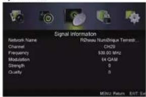Signal information Network Name Pinéseau Numérique Terreur... Channel CH20 Frequency 530.00 MHz Modulation 64 GAM Strength 0 Quality 0 MEHC: Return EXIT Set