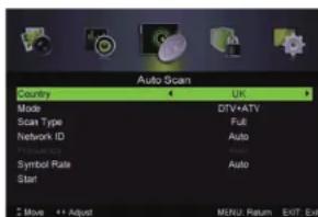 Auto Scan Country UK Mode DTV+ATV Scan Type Full Network ID Auto Symbol Rate Auto Start 7 Move + Adjust MENU Return EXIT Exit