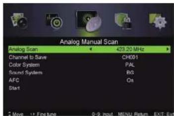 Analog Manual Scan Analog Scan 423.20 MHz Channel to Save CH001 Color System PAL Sound System RG AFC Qn Start Move +1 Fine time 0-9 Input MENU Return EXIT Back