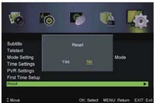 Subtitle Teletext Mode Setting Time Settings PVR Settings First Time Setup Reset Reset Yes No Mode Move OK: Select MENU: Return EXIT: Exit