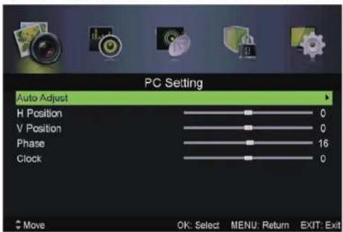 PC Setting Auto Adjust H Position 0 V Position 0 Phase 16 Clock 0 Move OK: Select MENU: Return EXIT: Exit
