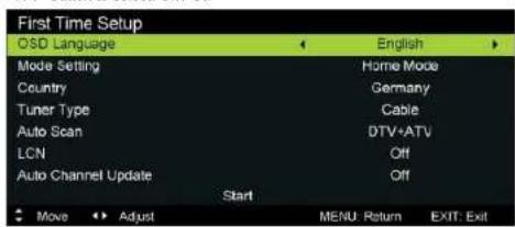 First Time Setup OSD Language Mode Setting Country Tuner Type Auto Scan LCN Auto Channel Update Start Move Adjust English Home Mode Germany Cable DTV+ATV Off Off MENU Return EXIT Exit