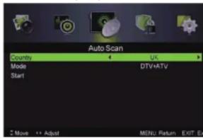 Auto Scan Country UK Mode DTV+ATV Start Move Adjust MENU Return EXIT EX