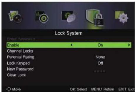 Lock System Enter Password Enable On Channel Locks Parental Rating None Lock Keypad Off New Password Clear Lock Move OK Select MENU Return EXIT Exit