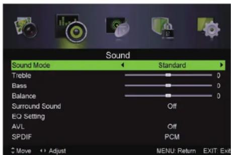 Sound Sound Mode Standard Treble 0 Bass 0 Balance 0 Surround Sound Off EQ Setting AVL Off SPDIF PCM Move Adjust MENU: Return EXIT: Exit