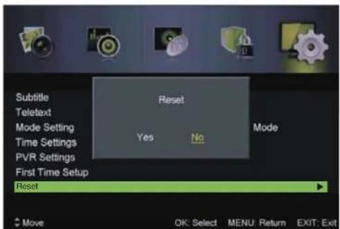 Subtitle Teletext Mode Setting Time Settings PVR Settings First Time Setup Reset Reset Yes No Mode Move OK: Select MENU: Return EXIT: Exit