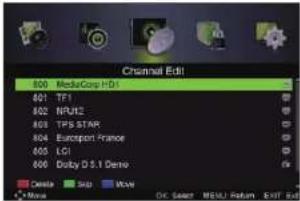 Channel Edit 800 MediaCore HD1 801 TF1 802 NR12 803 TPS STAR 804 Eurosport France 805 LG1 806 Dolby D.5.1 Demo Delete Step Wave Move Or Select Microsoft Return Exit Edit