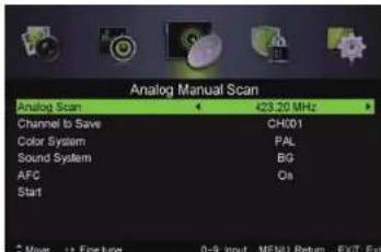 Analog Manual Scan Analog Scan 423.20 MHz Channel to Save CHK01 Color System PAL Sound System BIG AFC Q4 Start