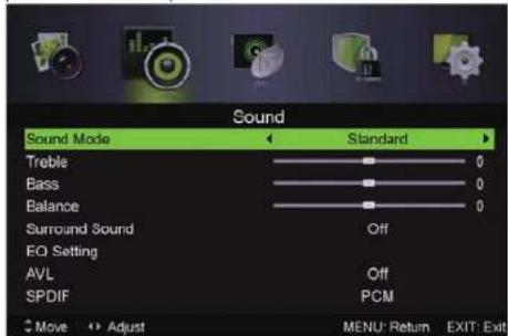 Sound Sound Mode Standard Treble 0 Bass 0 Balance 0 Surround Sound Off EQ Setting AVL Off SPDIF PCM Move Adjust MENU: Return EXIT: Exit