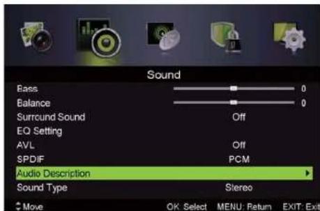 Sound Bass 0 Balance 0 Surround Sound Off EQ Setting AVL Off SPDIF PCM Audio Description Sound Type Stereo Move OK Select MENU: Return EXIT: Exit