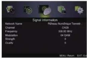 Signal Information Network Name Reseau Num/Unique Terrenr Channel C329 Frequency 538.00 MHz Modulation 44 CAM Strength 0 Quality 0 MENU Return EXIT 6x