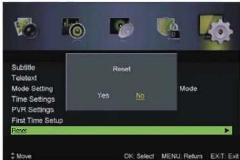 Subtitle Teletext Mode Setting Time Settings PVR Settings First Time Setup Reset Reset Yes No Mode Move OK: Select MENU: Return EXIT: Exit