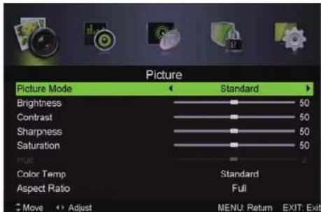 Picture Picture Mode Standard Brightness 50 Contrast 50 Sharpness 50 Saturation 50 Hue 0 Color Temp Standard Aspect Ratio Full Move Adjust MENU: Return EXIT: Exit