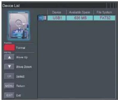 Device List Device Available Space File System USB1 636 MB FAT32 Format Formset Hot Key Move Up Move Down OK Select MENU Return EXIT Exit