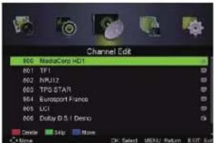 Channel Edit 800 MediaCorp HD1 801 TF1 802 NPKJ2 803 TPG STAR 804 Eurosport France 805 LCI 806 Delay D/S / Demo Delete Skip Move OK Select MENU Return EXIT End