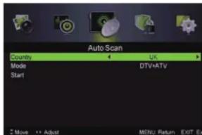 Auto Scan Country Mode Start UK DTV+ATV 2 Move ** Adjust MENU: Return EXIT: Exit