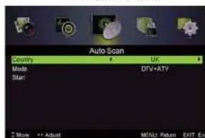 Auto Scan Country UK Mode DTV+ATV Start More ** Adjust MENU Return EXIT End